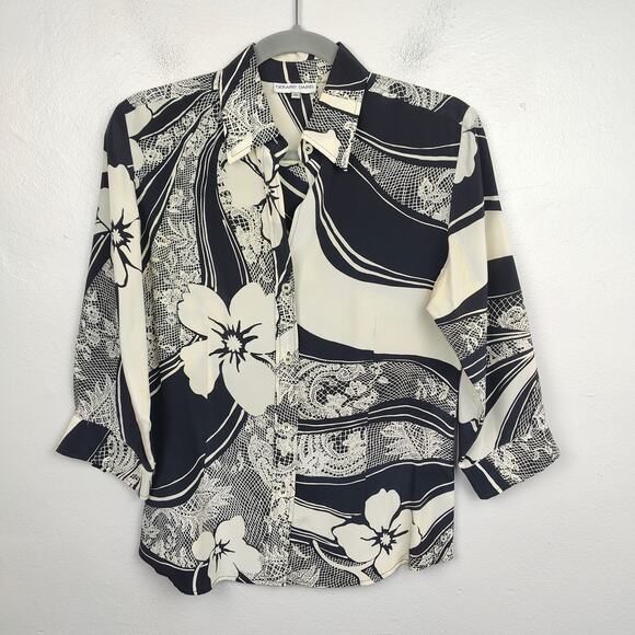 Vintage Gerard Darel Silk Top Womens‎ 38 US 2-4 White Black Floral Button Up Vtg - Picture 1 of 9